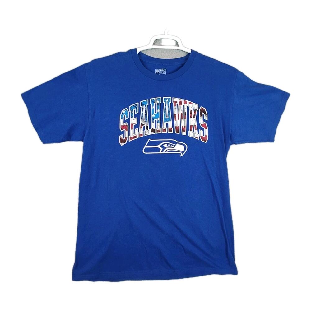 Seattle Seahawks Shirt Mens Large American Flag Spell Out Shirt Blue NFL Fanatic
